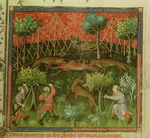 Fr 616 fol.111 Vargjakt med hjälp av nät, från Livre de la Chasse av Gaston Phebus de Foix (1331-91) av French School
