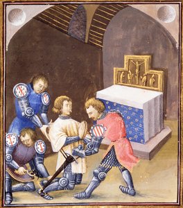 Fr 99 f.561 Galahad får ett svärd och sporrar i riddarritualen innan han ger sig av till Graal Quest av French School