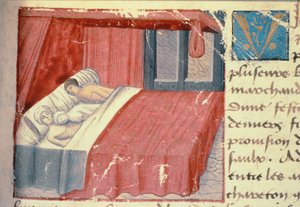 Ms Hunter 252 f.18r En sängscen, från "Les Cent Nouvelles Nouvelles av French School