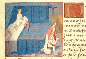 Ms Hunter 252 f.20v Sängscene, ur "Les Cent Nouvelles Nouvelles av French School