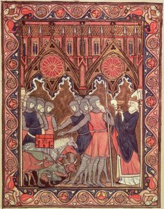 Ms Lat 10525 fol.6 Abraham presenterar sina fångar och sitt byte för Melkisedek, från St. Louis Psalter, ca 1258-70 av French School