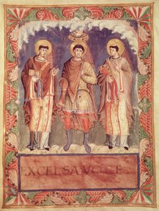 Ms Lat 1141 fol.2v Kröningen av Karl II (823-877) med ärkebiskoparna av Reims och Treves, från Sacrementaire de Metz (se även 159999) av French School