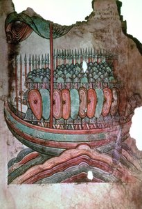 Ms Lat 1390 fol.7 normandiska soldater som korsar den engelska kanalen, från La Vie de Saint Aubin dAngers av French School
