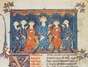 Ms Lat 8504 f.1v Philip IV (1268-1314) av Frankrike med sina fyra barn och bror Charles av Valois av French School