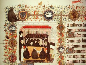 Ms Lat 919 Mourning of the Duchess, med vapensköldar och djurdetaljer, från Grandes Heures de Duc de Berry av French School