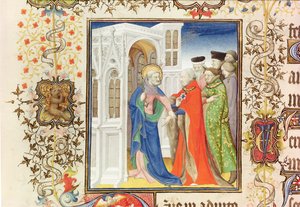 Ms Lat 919 fol.96 St. Peter Leading Jean de France (1340-1416) hertig av Berry in i paradiset, från Grandes Heures de Duc de Berry, 1409 (se även 159985 och 30908) av French School