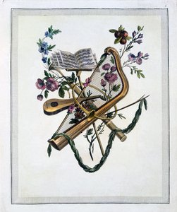 Musikinstrument, från en bok med graverade plattor av Oppenords mönster, publicerad 1745rn av French School