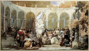 Musikscen i Versailles trädgårdar. vattenfärg av French School