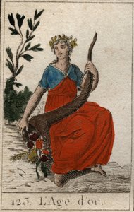 Myth of the Ages of Humanity: representation av guldåldern, som en ung jungfru med perfekt skönhet, krönt med blommor och med ett horn av överflöd (Golden Age skildrar som en ung och vacker kvinna, som håller ett ymnighetshorn och krönt med blommor). Fr av French School