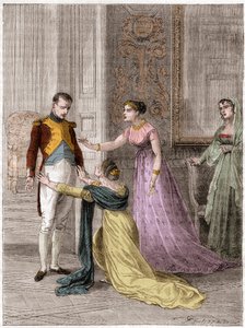 NAPOLEON Bonaparte (1769-1821), kejsare av Frankrike, skänker Madame de Polignac nåden av hennes mans liv (Jules Armand (Jules-Armand), Prince de Polignac av French School