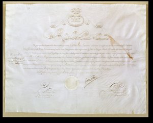 Napoleon Bonapartes (1769-1821) tillstånd för köp av Louisiana av USA, 30 april 1803 (bläck på veläng) av French School
