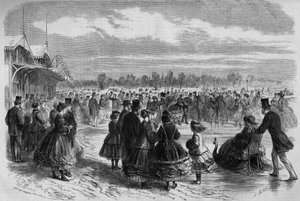 Napoleon III (1808-1873) och kejsarinnan Eugenie de Montijo (1826-1920) på skridskoklubben Bois de Boulogne i Paris. Gravyr i ""Le Monde Illustre"" nr 511 av 26 januari 1867. av French School