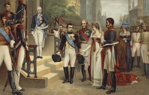 Napoleon I och drottningen av Preussen (färgad litografi) av French School