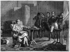 Napoleon I till Sainte-Helene (Saint Helene) beslutade i oktober 1818 att motsätta sig med vapen i hand mot försöket från Hudson Lowe, brittisk general, att tvinga fram dörren - i "History of the empire following the history of the consulat" av Adolphe Thi av French School