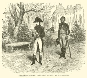 Napoleon läser ordeners rapport vid Malmaison (gravyr) av French School