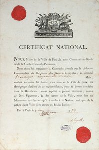 Nationellt intyg om gott uppförande under den franska revolutionen, 8 augusti 1789 i Paris av French School