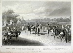 Nationalgardets soldater skyddar nationalförsamlingen i Paris. Gravyr under den franska revolutionen 1848 (gravyr) av French School