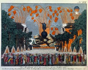 Nationalfesten den 14 juli 1801 på Champs Elysees, Paris: Fyrverkeri äger rum av stjärnan på Champs Elysees i Paris. Tryck från 1801 Paris, Musee Carnavalet av French School