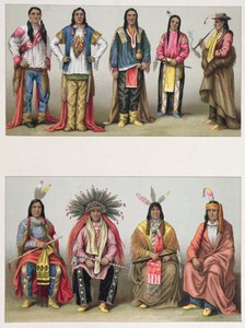 Indianer från Mississippi Basin och från Colorado, illustration från Le Costume Historique av A. Racinet, publicerad i Paris 1888 av French School
