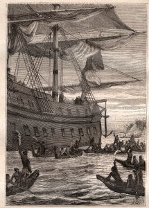 Ursprungsbefolkningen höll bananträdens grenar i handen: Samuel Wallis resa (1728-1795) till Polynesien - ursprungsbefolkningen som håller bananens grenar som en välkomsthälsning - illustration hämtad från "The Great Mariners of the 18th century"" av French School