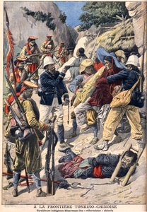 Inhemska trupper avväpnar kinesiska "reformister" vid gränsen till Tonkin, engelska Indokina. Tonkino-kinesisk gräns. Ursprungsryttare som avväpnar kinesiska reformatorer. Illustration för Le petit Journal av French School