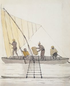 Infödda från Iles Basses och balanserad segelkanot, akvarell av Jules-Louis Lejeune, från Duperrey