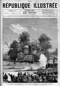 Nautiska kapplöpningar: Franska roddmästerskapen anordnas på Seine mot Ile de la Grande Jatte i Neuilly. En tidning. Gravyr från 1880 i "La republique illustree"" privat samling. av French School