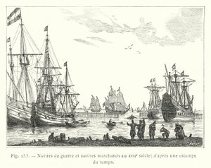 Örlogsskepp och handelsfartyg på 1600-talet; från ett tidstryck (gravyr) av French School