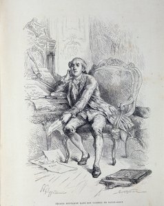Necker på sitt kontor i Saint-Ouen, omgiven av anteckningar "Reform of Gabelles", "Taxes", "Abolition of Customs" etc. av French School