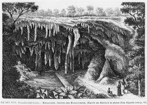 Nya Kaledonien, Isle of Pines, Kouaouete, Manguemene grotta, illustration från bulletinen Les Missions Catholiques, efter en ritning med penna och bläck av en deporterad, 1893 av French School