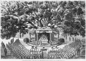 Nya Kaledonien, firar mässa på ön Nou, efter en ritning med penna och bläck av en transporterad illustration från bulletinen Les Missions Catholiques, 1875 av French School