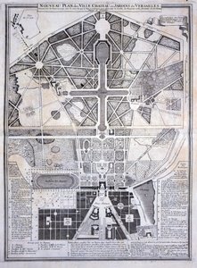 Ny plan för staden, slottet och trädgårdarna i Versailles, 1714, från Les Plans, Profils et Elevations des Villes et Chateau de Versailles, publicerad c.1715 av French School