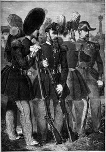 Nya uniformer för det franska imperialgardet 1860. Gravyr i "" Le Monde Illustré"" nr 165 av 9 juni 1860. av French School