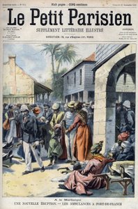 Nytt vulkanutbrott från vulkanen Montagne Pelee på Martinique: ambulanser i Fort de France (Fort-de-France). Gravyr i ""The Little Parisian"" av French School