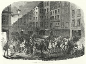 Tidningsmarknad, Rue Montmartre, Paris (gravyr) av French School