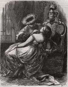 Fin hals! Att en bödel gärna skär av honom! Kung Henrik VIII av England (1491-1547) med sin hustru Catherine Parr (1512-1548). Gravyr från 1871 i "Histoire Des Cocus Celebres"" av Henry de Kock (1819-1892). av French School