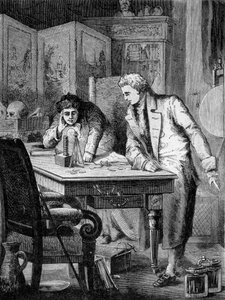 Nicholson och Carlisle, i London, sönderdelar vatten i högen av volta (hög av Alessandro (Alexandre) Volta), 2 maj av French School