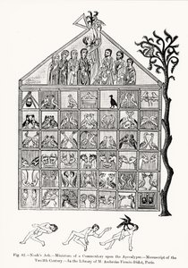 Noaks ark, miniatyr från en kommentar till apokalypsen, illustration från vetenskap och litteratur under medeltiden och renässansen, skriven och graverad av Paul Lacroix, 1878 (svartvitt foto av French School