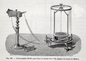 Nobili galvanometer placerad i kretsen av ett termoelektriskt batteri av Melloni - i "" Populär fysik"" av Emile desbeaux av French School