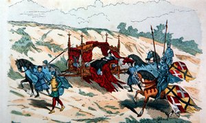 Adelsman som bärs i en kull av hållare under 1300-talet i Europa (färg litho) av French School