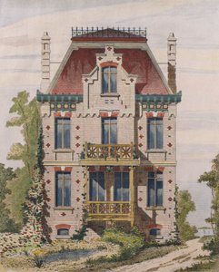 Normandisk villa i Villers sur mer, Normandie, illustration från Le Moniteur des architectes, 1883 (färggravyr) av French School