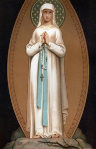 Notre Dame de Lourdes: representation av Jungfru Maria som den skulle ha sett ut för Bernadette Soubirous i grottan i Lourdes 1858. Kromolitografi. Frontispice av "" Notre Dame de Lourdes"" av Henri Lasserre av French School
