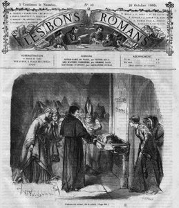 Romanserie: "Notre Dame de Paris" av Victor Hugo (1802-1885). Prästen bestämmer sig för att adoptera Quasimodo. Gravyr i "" Les bons romances"" av French School