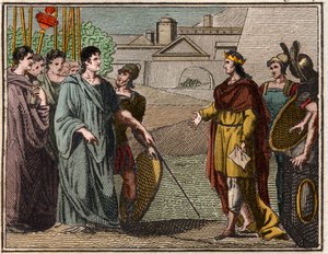 Numa Pompilius, legendarisk andra kung av Rom, återlämnar den heliga skölden till prästerna på Mars. av French School