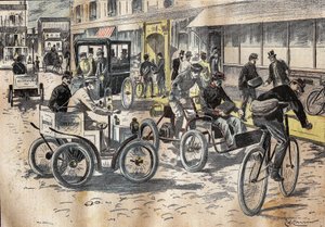 Den 5 oktober 1899 ledde understatssekreteraren vid postkontoret Leon Mougeot (1857-1928) de första testerna av cyklar och olika bilar, för att lyfta post, vid det centrala postkontoret i XII arrondissementet i Paris . Gravyr i "" Le P av French School