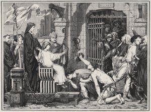Med anledning av sin framtid (1227) fick den unge Ludvig IX fångar att delivera - gravyr i "Les Hommes Celebres de la France" av Louis Dumas 1889 av French School