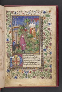 Öppningssida. En gentleman i ett landskap, följt av en annan på en häst, med tre damer.  Le livre des quatre dames; av Alain Chartier. Le livre des quatre damer; av Alain Chartier.  Chartier, Alain, Ospecificerad, sekreterare för Charles V av French School