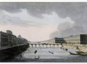 Optisk vy av Paris: Pont des Arts runt 1810, staden Paris. av French School