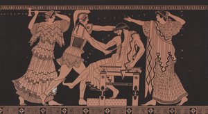 Orestes dödar Aegisthus (färglitografi) av French School