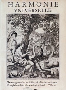 Orfeus spelar för djur. Frontispizbild av Harmonie universelle av Marin Mersenne av French School